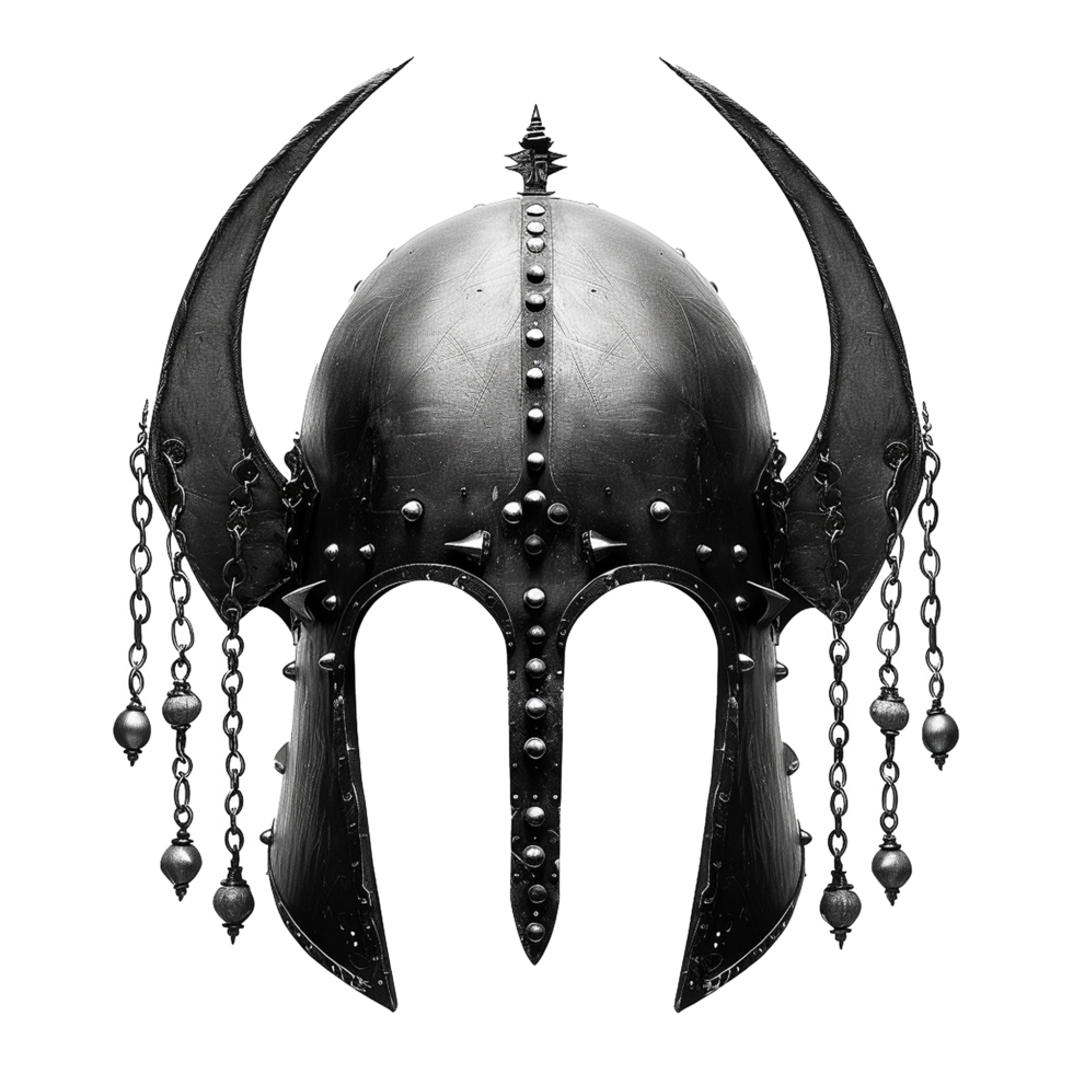 Ancient Black Metal Helmet with Horns and Chains Medieval Warrior Armor png