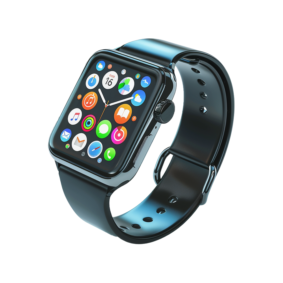 Smartwatch with colorful app icons on its display stylish black band png