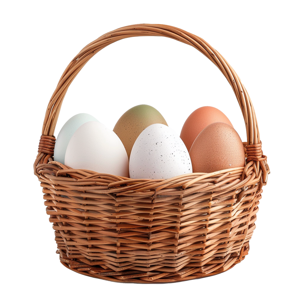 Colorful eggs in a wicker basket Easter eggs spring colors png