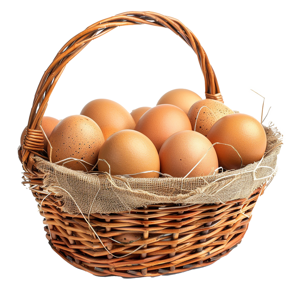 Brown eggs in a wicker basket rustic setting png