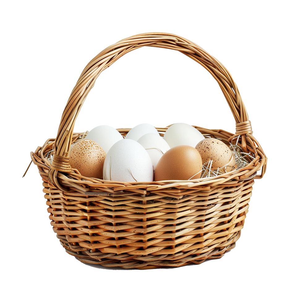 Wicker basket filled with brown and white eggs, png