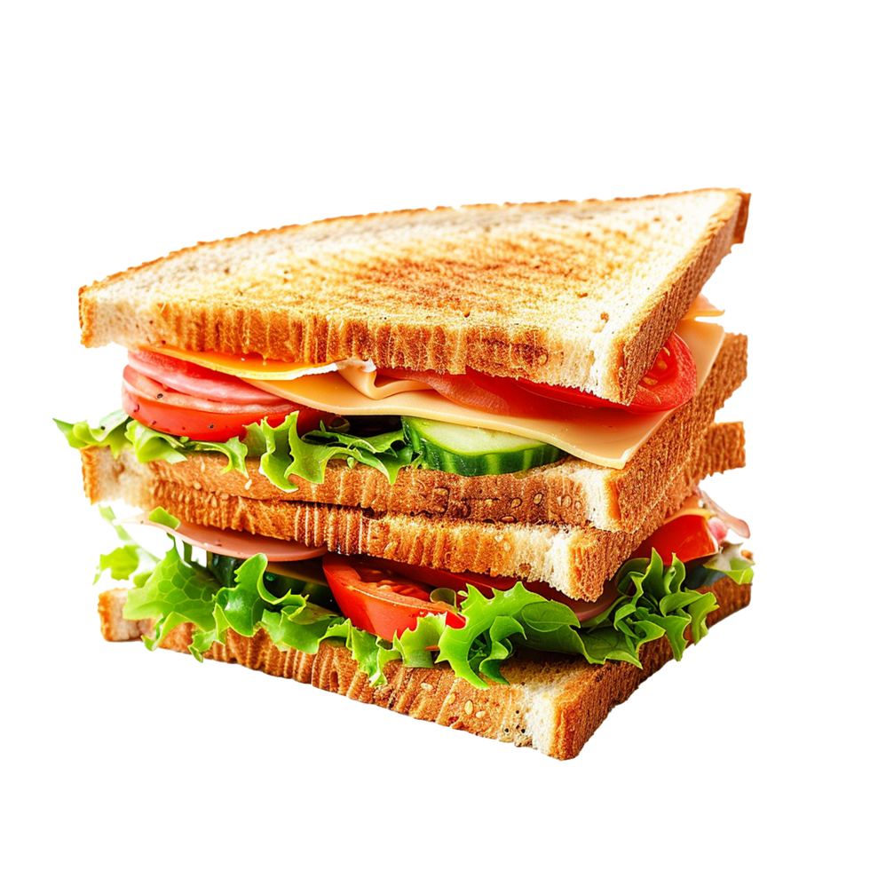 Delicious toasted sandwich with ham cheese lettuce tomato and cucumber png