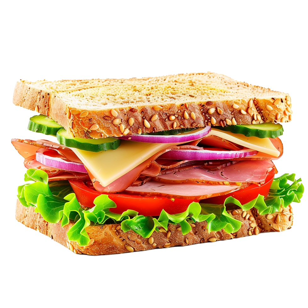 Delicious multi-layered sandwich with ham cheese lettuce tomato and cucumber on multigrain bread png