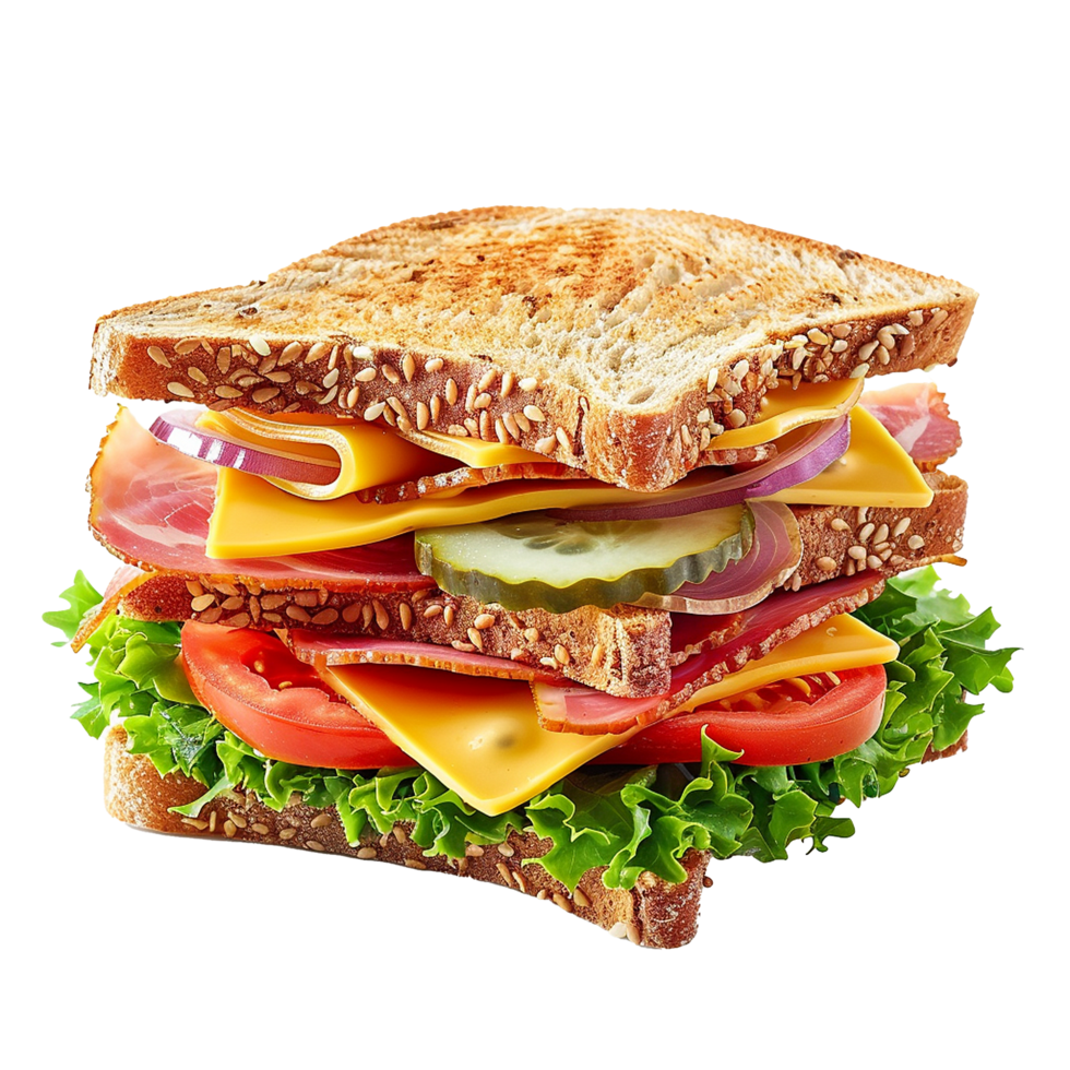 Delicious Multilayered Sandwich with Ham Cheese Lettuce Tomato and Pickles on Whole Wheat Bread png