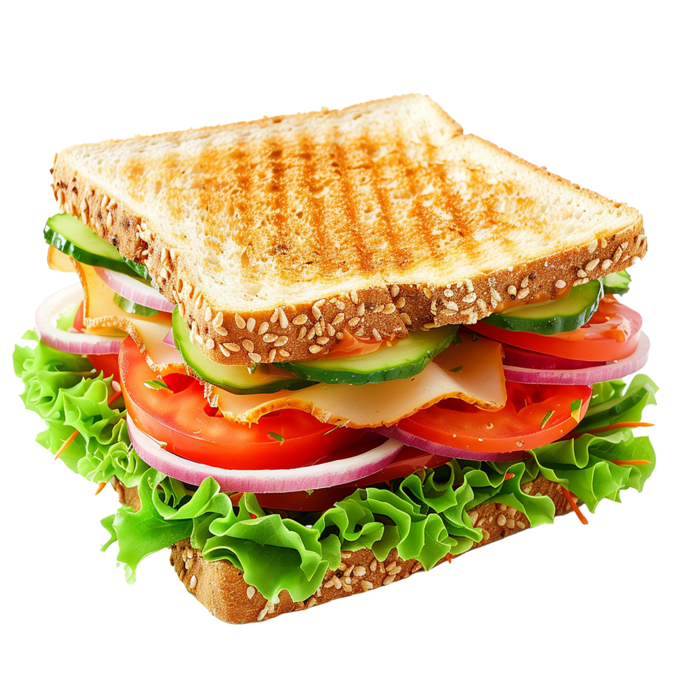 Delicious Grilled Sandwich with Tomatoes Cucumbers and Lettuce, png