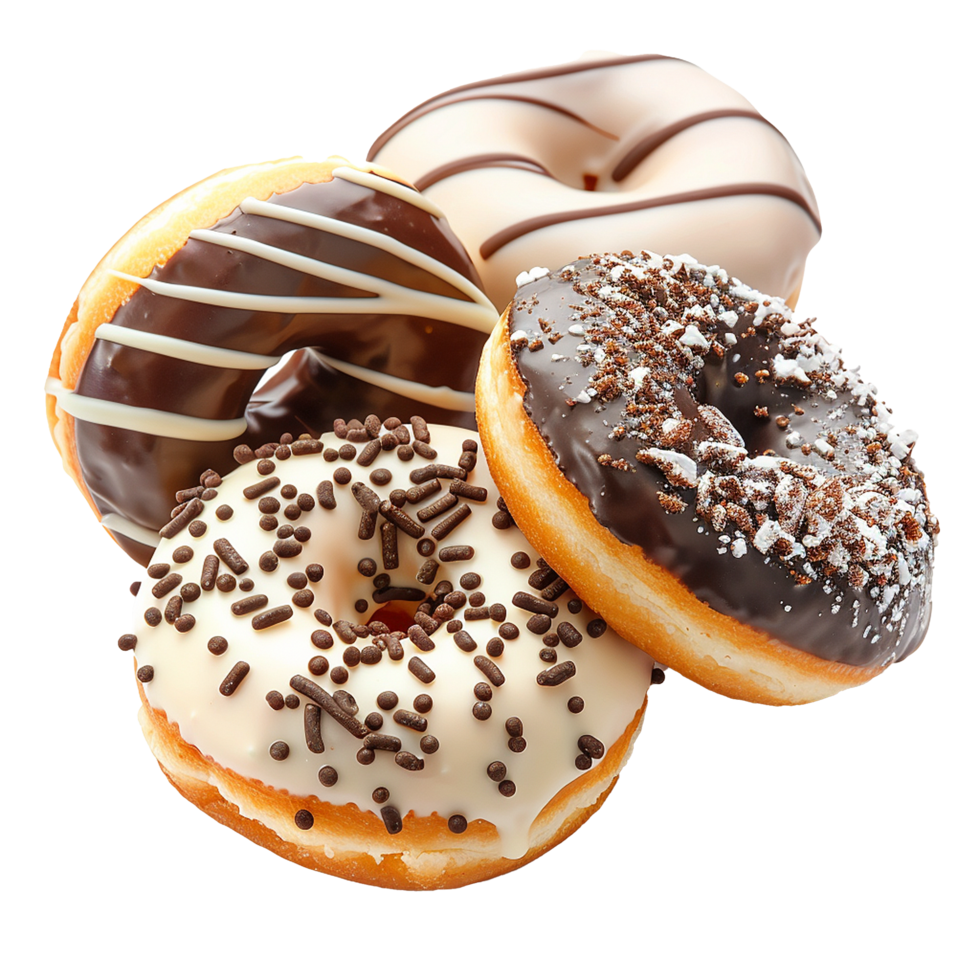Delicious assorted donuts chocolate sprinkles sweet treats bakery png