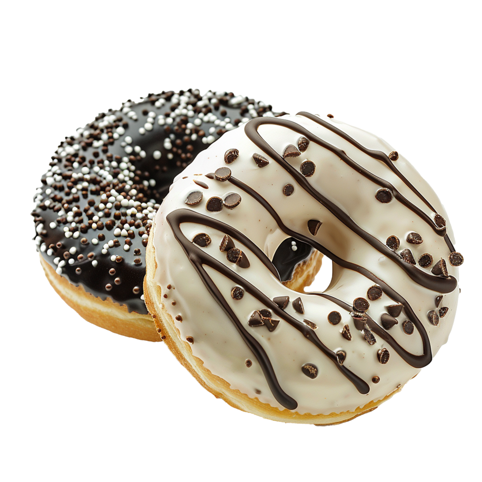 Delicious chocolate and vanilla donuts with sprinkles and chocolate chips png