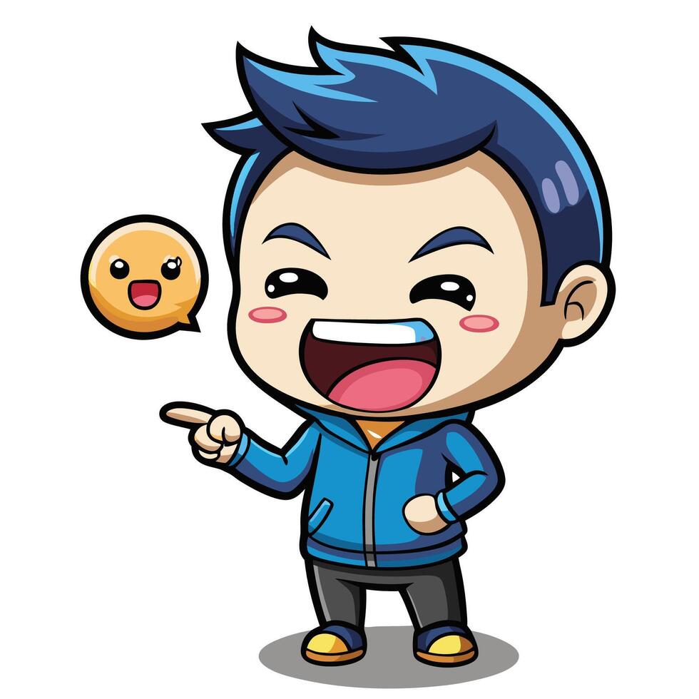 cartoon boy with blue hair and blue jacket pointing at something vector