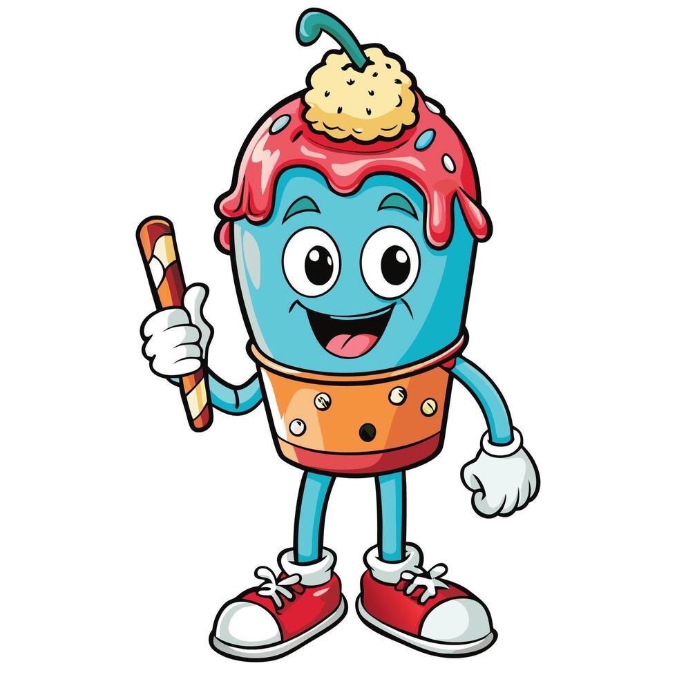 ice cream cone character holding a candy cane illustration vector