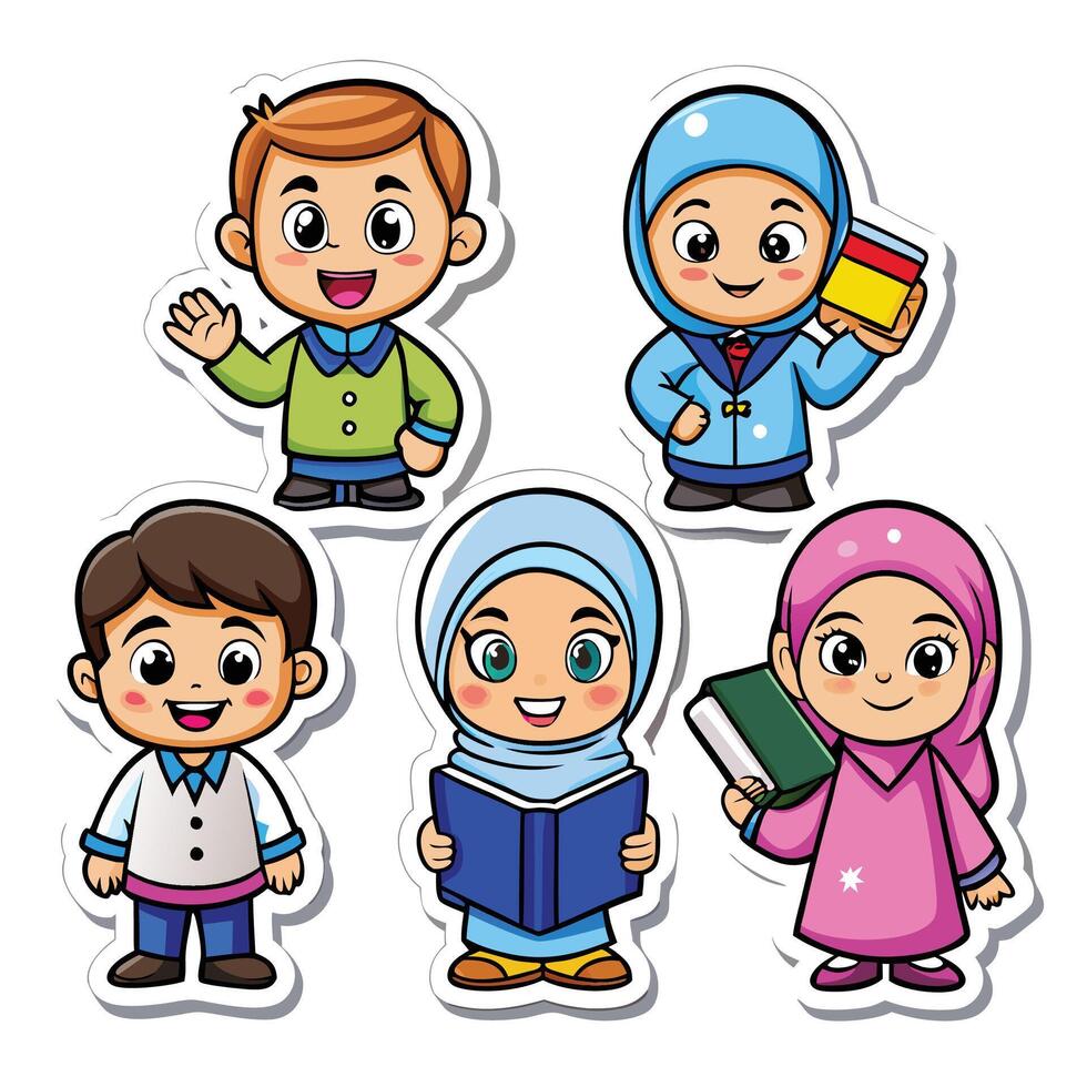 stickers with muslim children vector