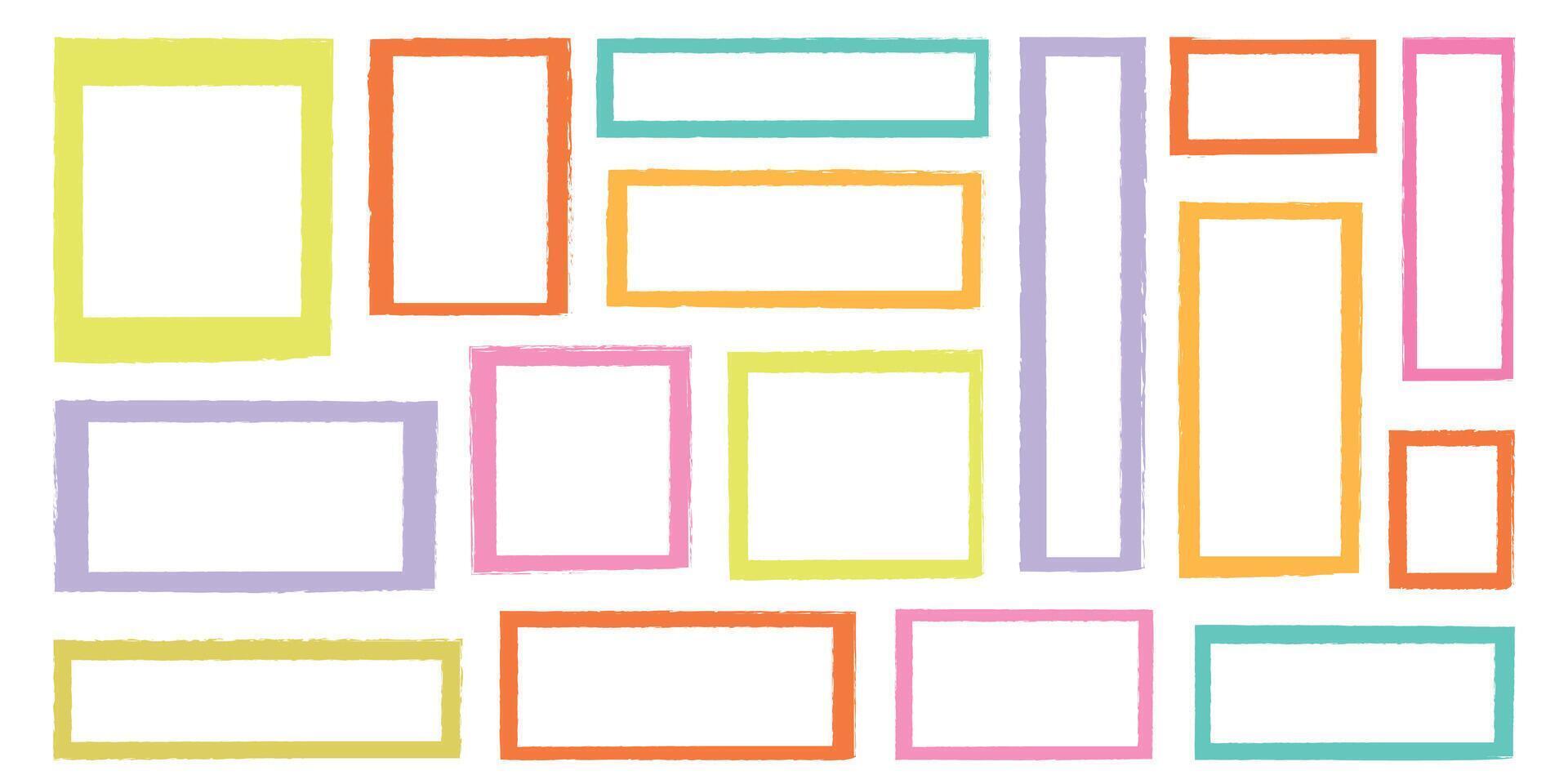 Hand drawn Crayon frames. Color border shapes set of wax crayons, childish text box. Kids grunge backgrounds with chalk doodle sketch. Collage designs, textbox brush for kindergarten. illustrat vector