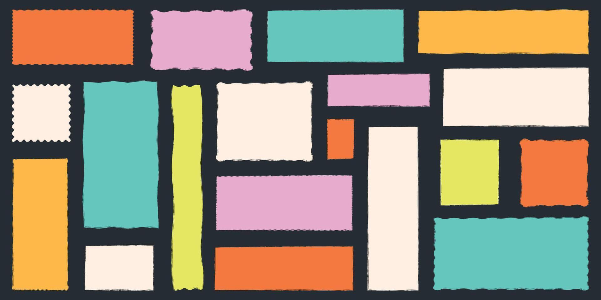 Crayon frame shapes set. Hand drawn color border of wax crayons, childish text box. Kids grunge backgrounds with chalk doodle sketch. Kindergarten collage designs, textbox brush. illustration vector