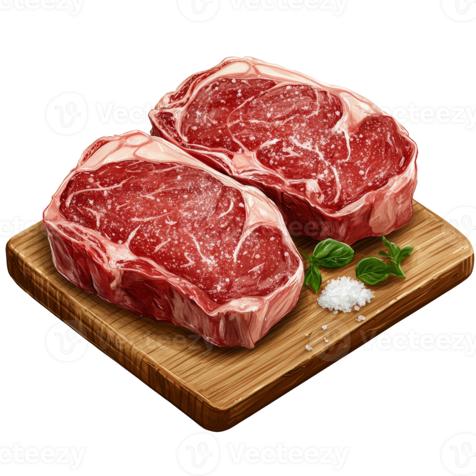 Two seasoned ribeye steaks rest on a wooden board png