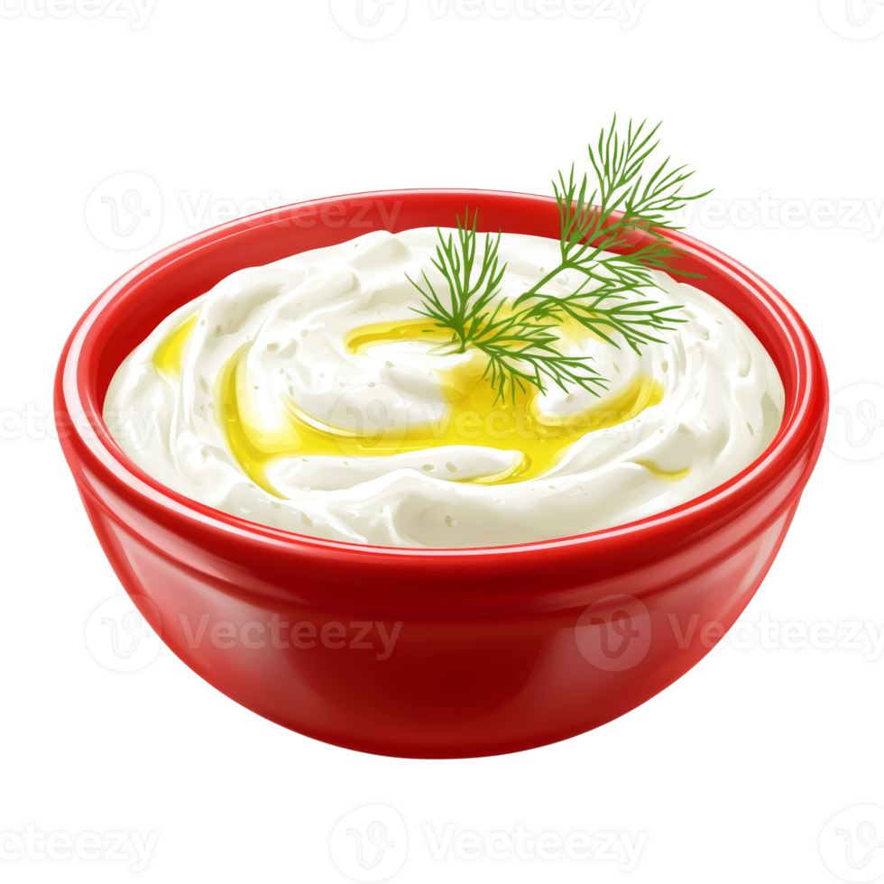 Creamy Yogurt Dip in Red Bowl with Dill Garnish png