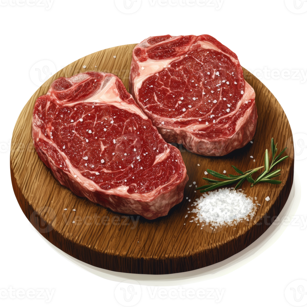 Two Salted Ribeye Steaks On Wooden Board png