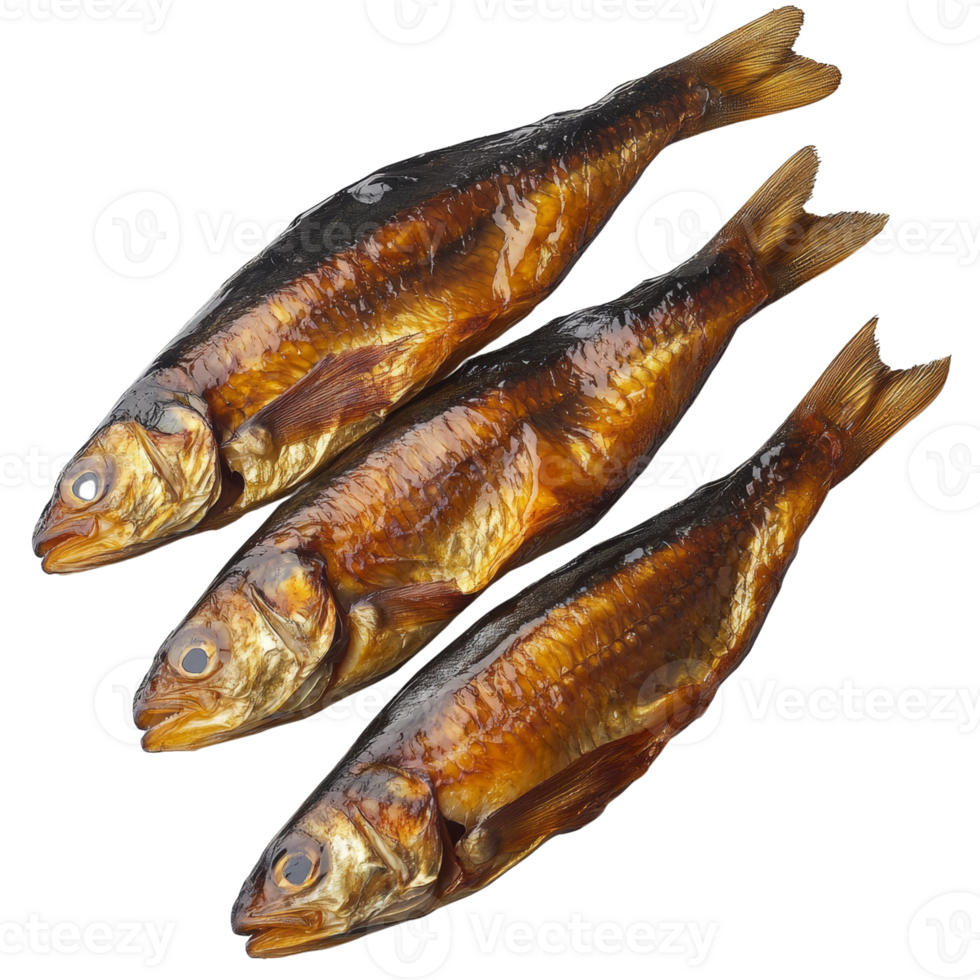 Three Smoked Fish Arranged On White Background png