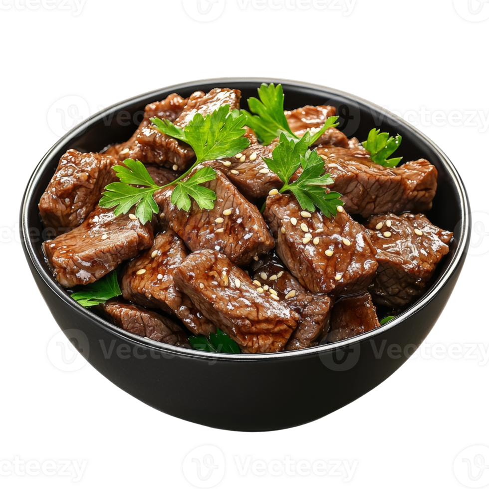 Delicious Sesame Beef Cubes in a Black Bowl png
