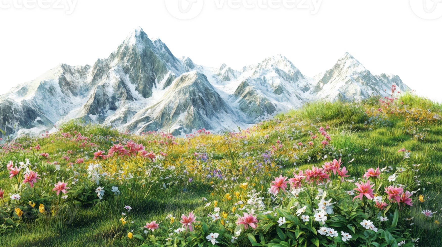 Snow capped mountains overlook a vibrant wildflower meadow png