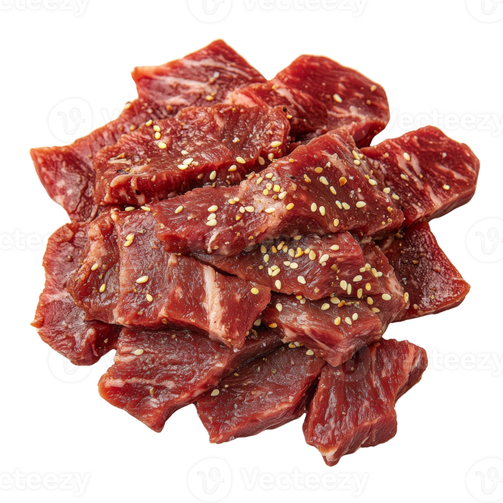 Marinated beef cubes prepared for grilling seasoned with sesame seeds png