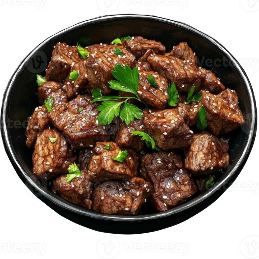 Sesame Beef Cubes in a Black Bowl Garnish with Parsley png
