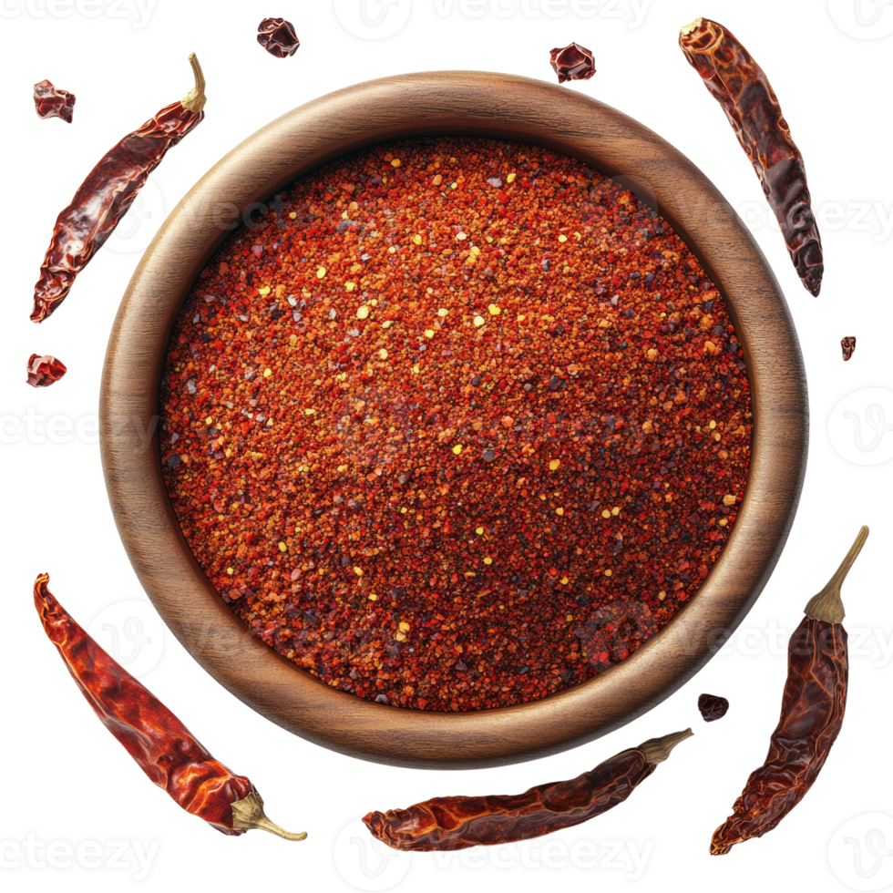 Aromatic Chili Powder in Wooden Bowl with Dried Chilis png