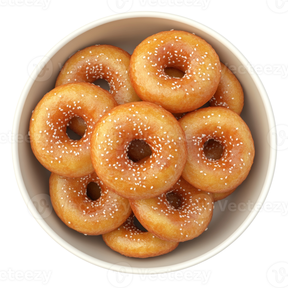 A bowl of sesame seed donuts sits on a white background png