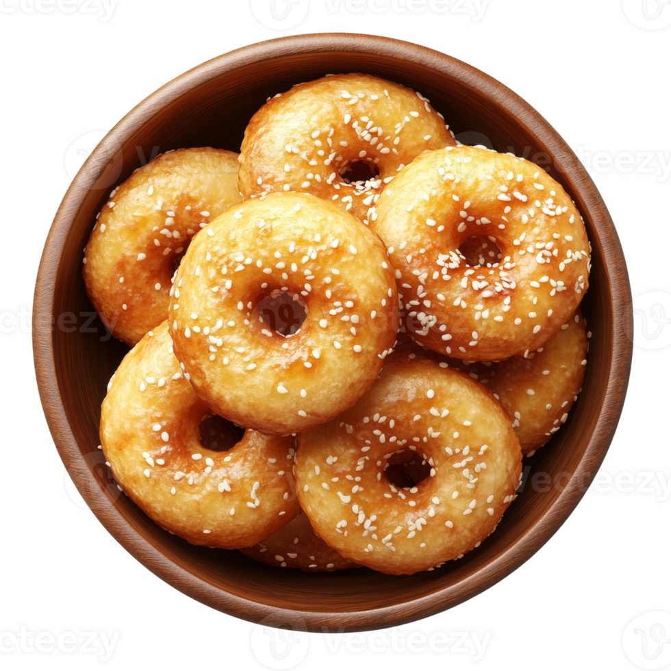 Sesame Seed Donuts in a Wooden Bowl png
