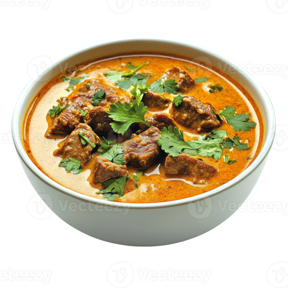 Delicious Beef Curry in a White Bowl Garnish with Cilantro png