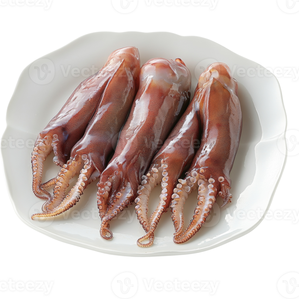 Three Raw Squid on a White Plate Ready to Cook png