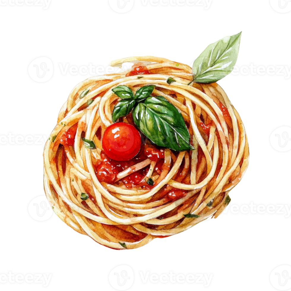 Watercolor Painting of Spaghetti with Tomato and Basil png