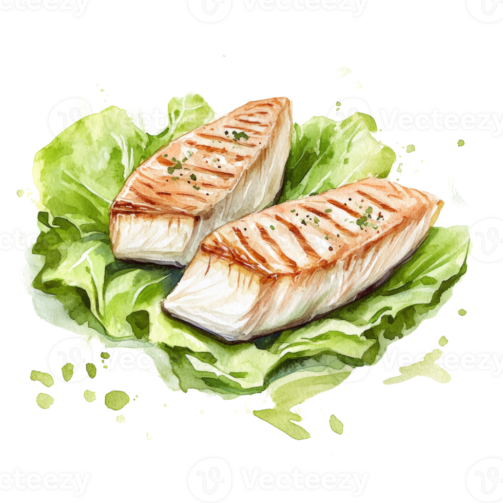 Grilled Fish Fillets Served on Fresh Green Lettuce png