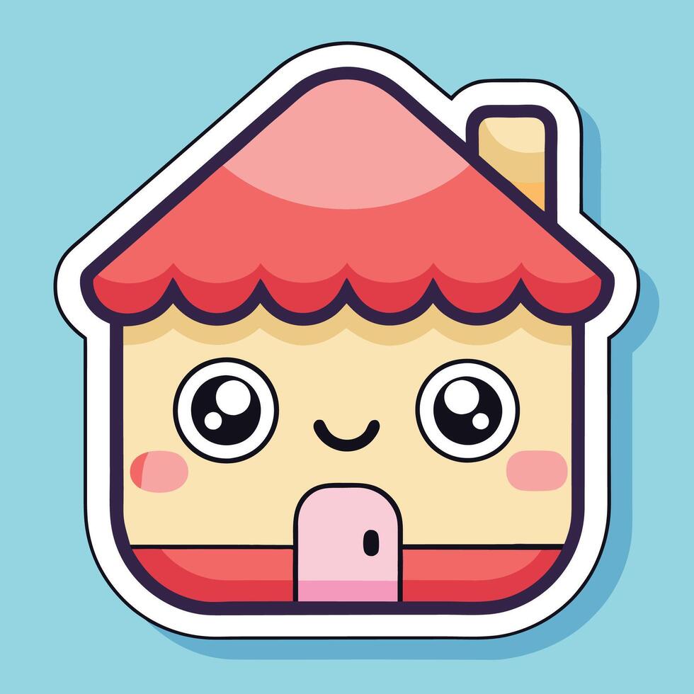 a sticker of a cute house with eyes and a red roof vector