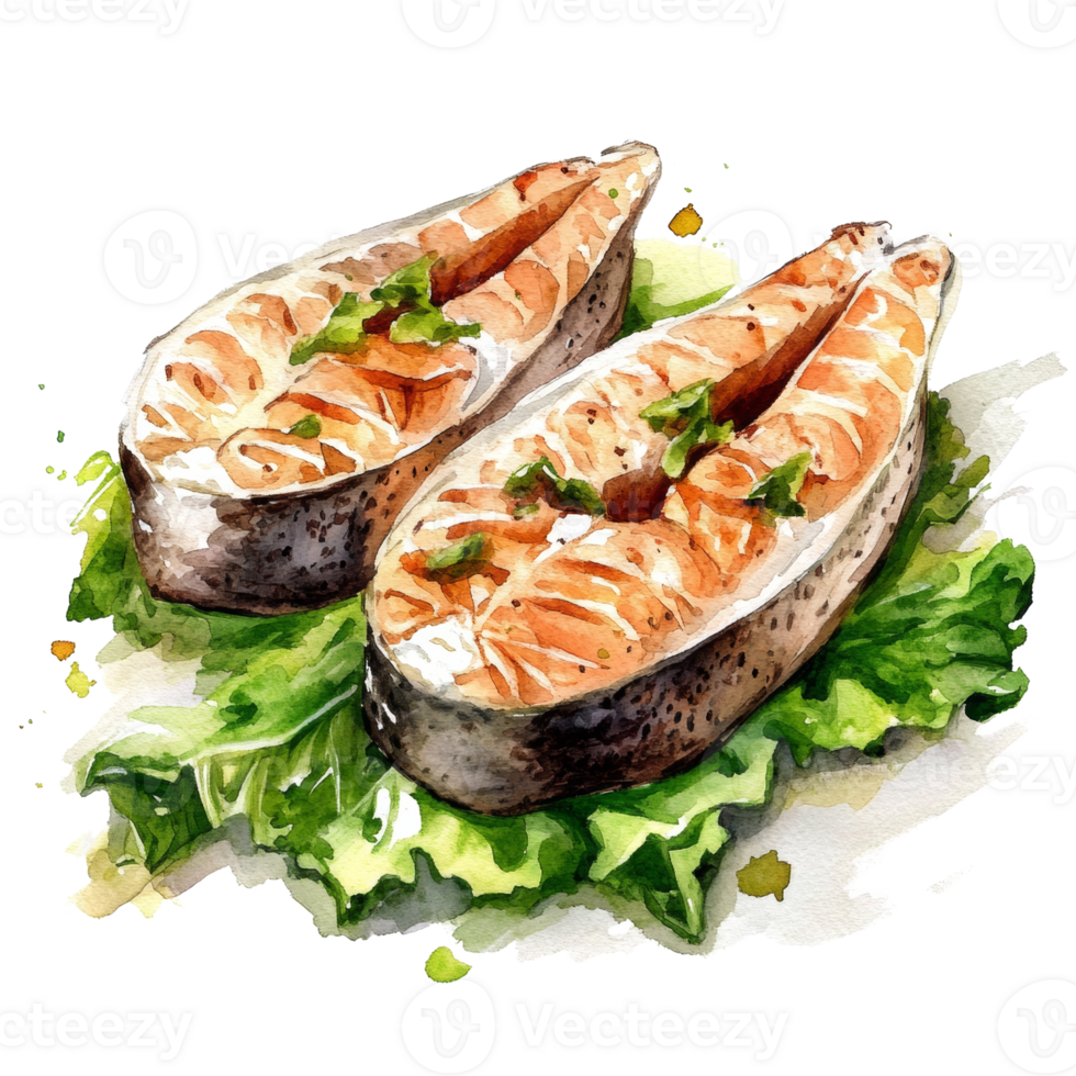 Grilled Salmon Steaks Served on Fresh Green Lettuce png