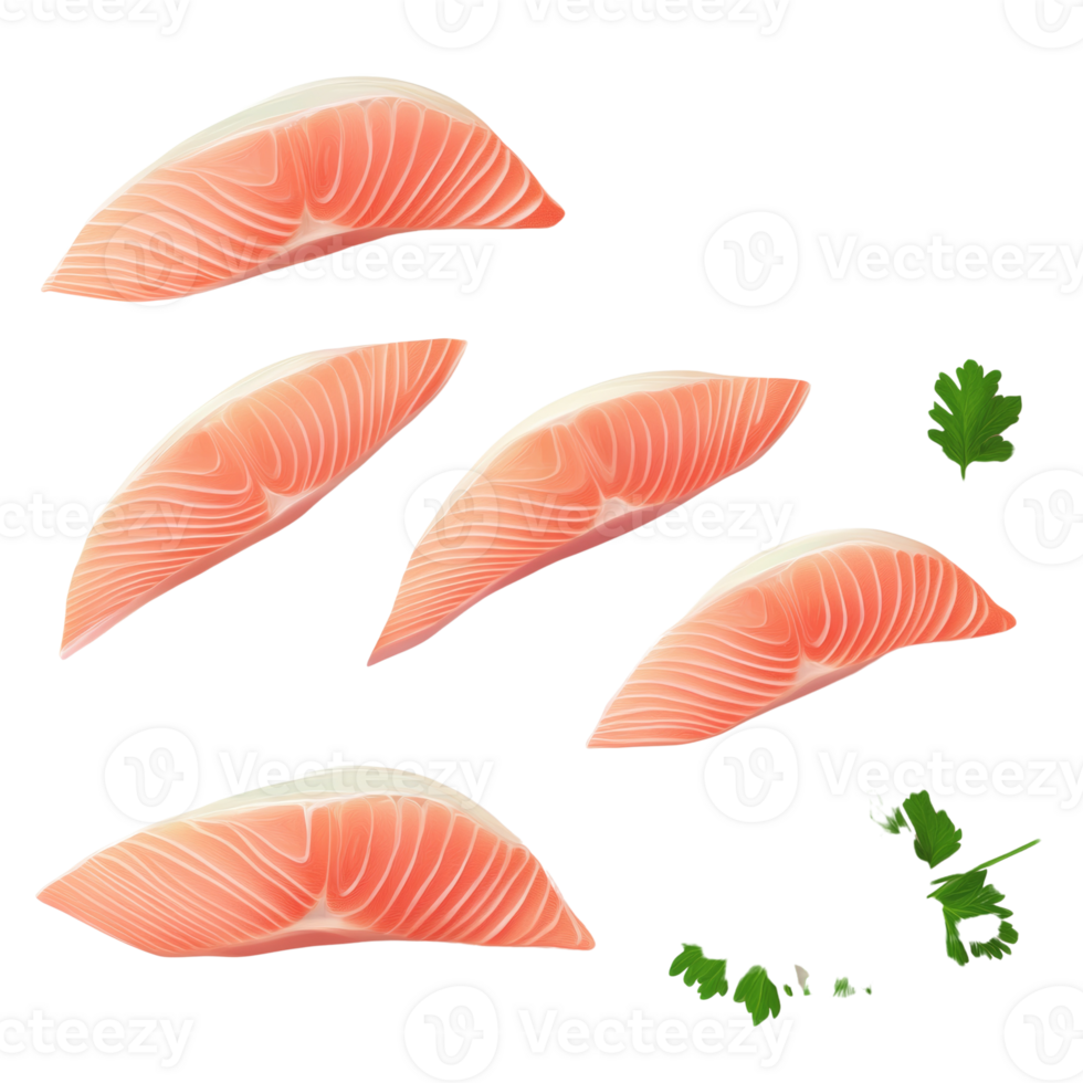Salmon fillets and fresh parsley sprigs arranged on white background png