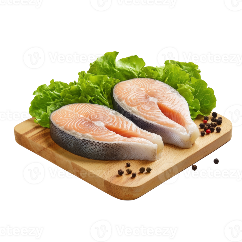 Raw salmon fillets on wooden board with lettuce png