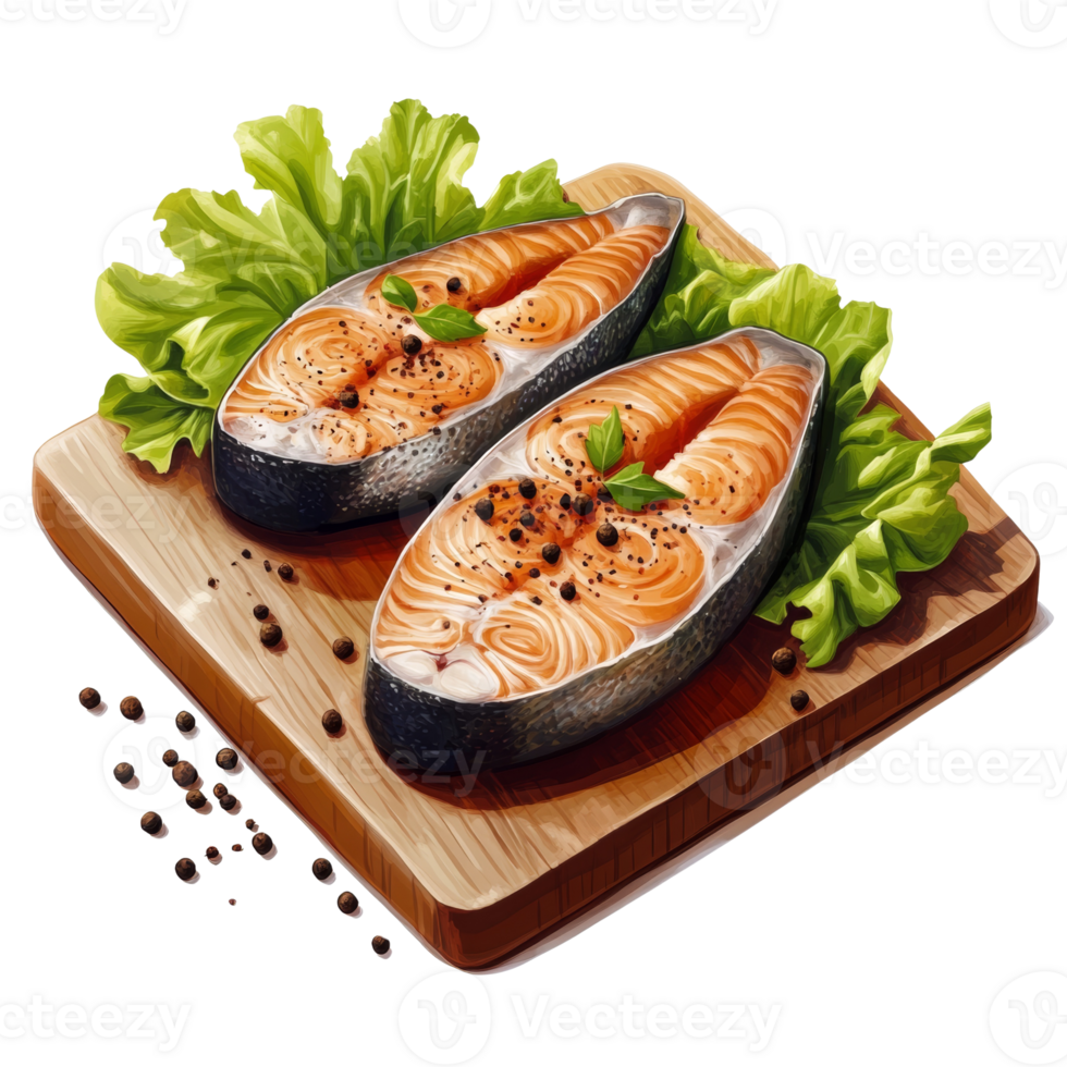 Two Seared Salmon Steaks On Wooden Board With Lettuce png