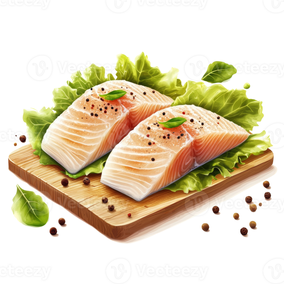 Two Salmon Fillets Seasoned With Pepper On Wooden Board png