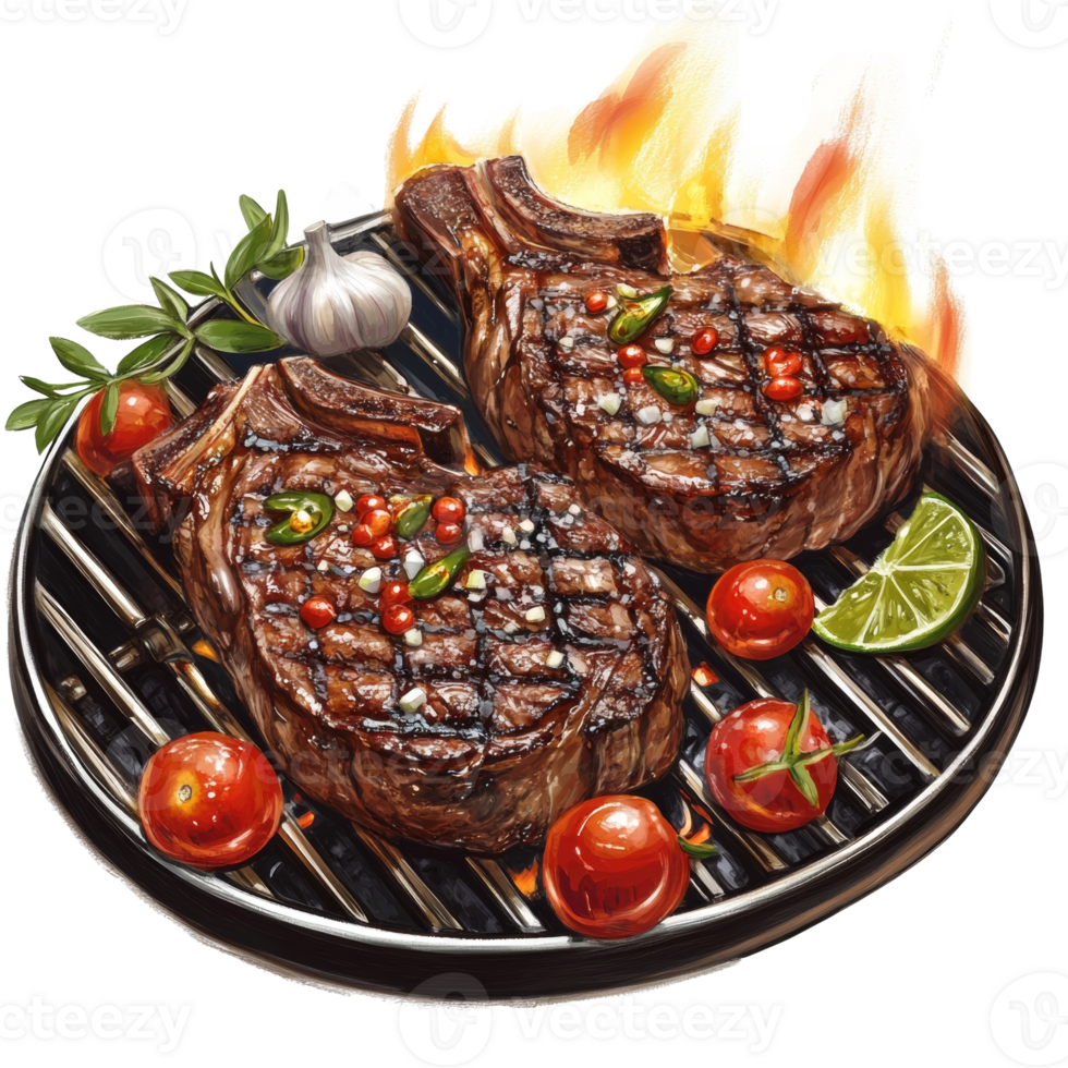 Grilled Steaks with Tomatoes and Herbs on a Grill png