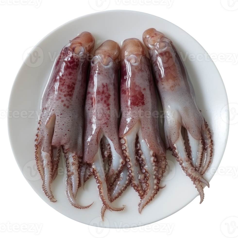 Four Fresh Squid Arranged on a White Plate png