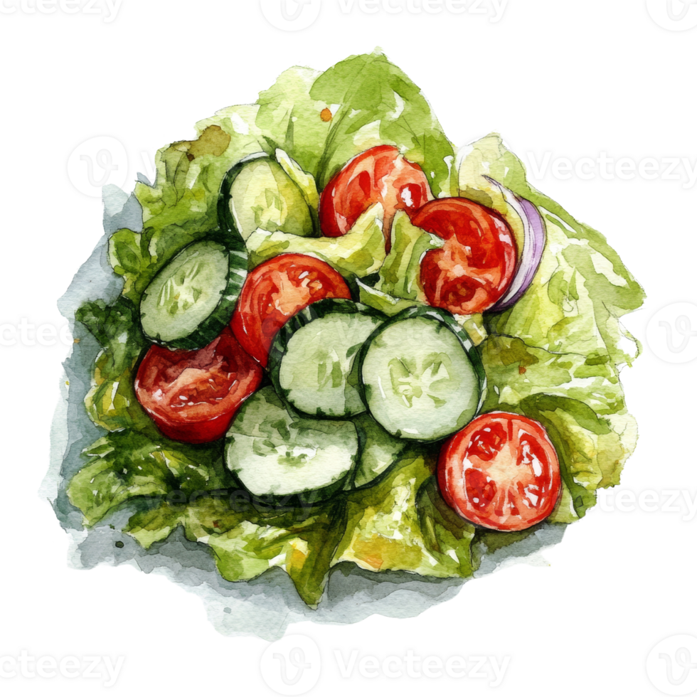 Watercolor Painting of a Fresh Green Salad with Tomatoes and Cucumbers png
