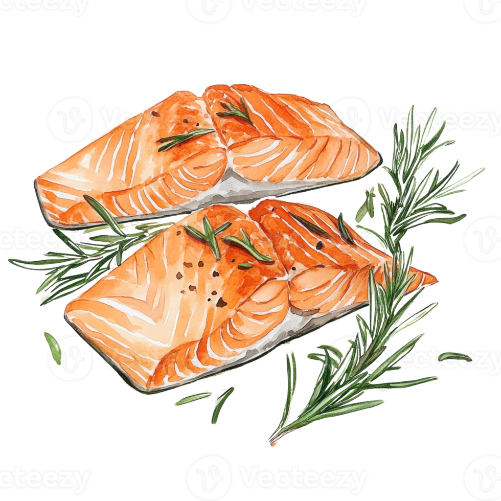 Watercolor Painting of Salmon Fillets with Rosemary png
