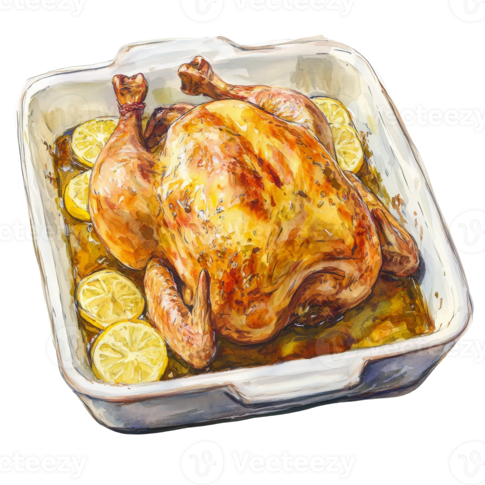 Roasted Chicken Lemon Dish Watercolor Painting png