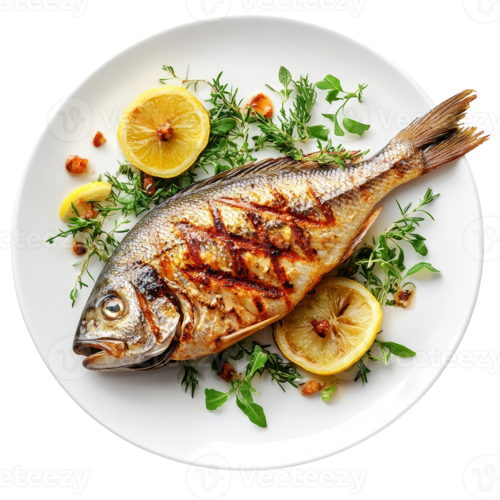Grilled fish served with lemon and herbs on a plate png