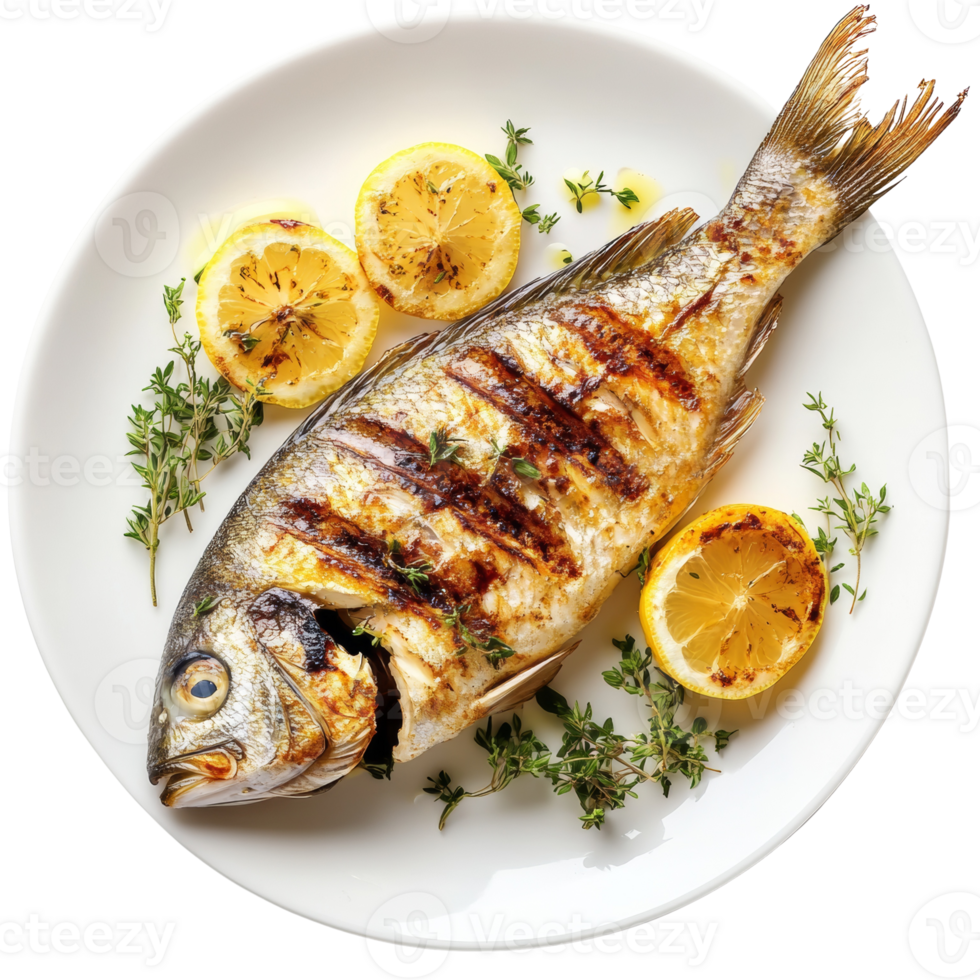 Grilled fish served with lemon and thyme png