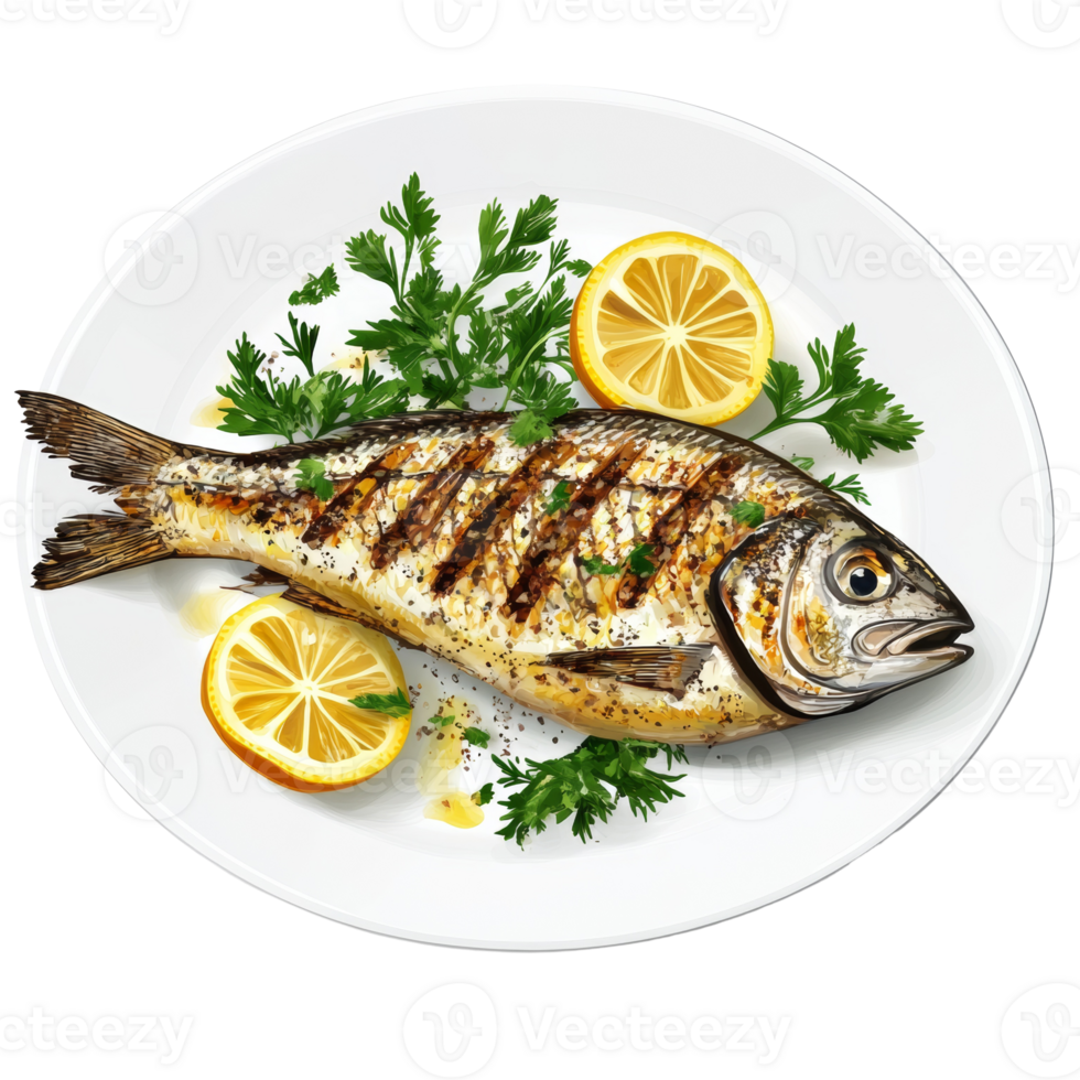 Grilled Fish Served with Lemon and Parsley Garnish png