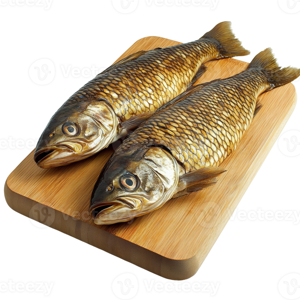 Two Smoked Fish Resting on Wooden Cutting Board png