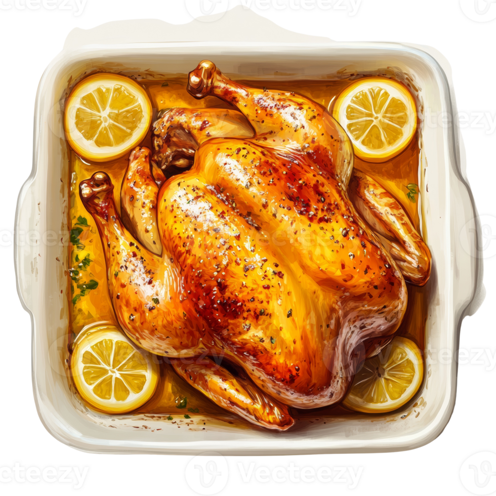 Roasted Chicken Dish with Lemon Slices in a Baking Dish png