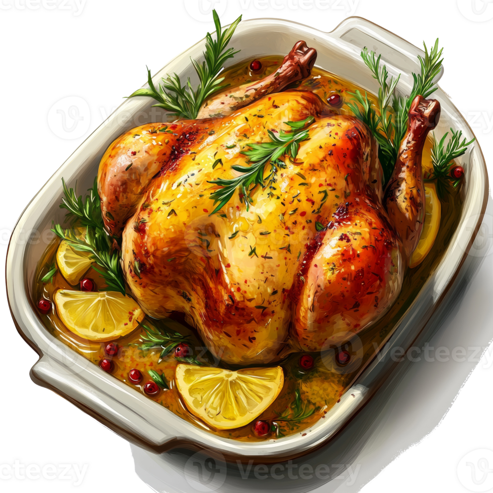 Roasted Chicken in Lemon Herb Broth Baking Dish png
