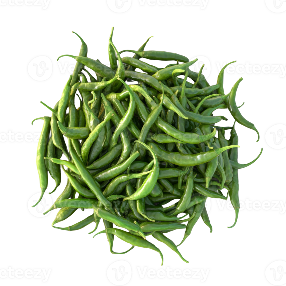 A pile of fresh green chili peppers sits on a white background png