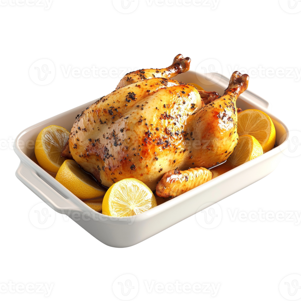 Roasted Chicken with Lemon in White Baking Dish png